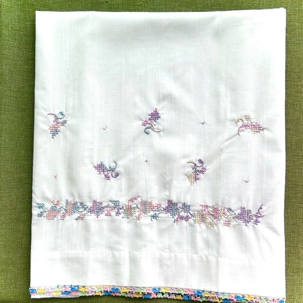 (2) VINTAGE pillowcases with multicolor embroidery and crochet edge (never used)